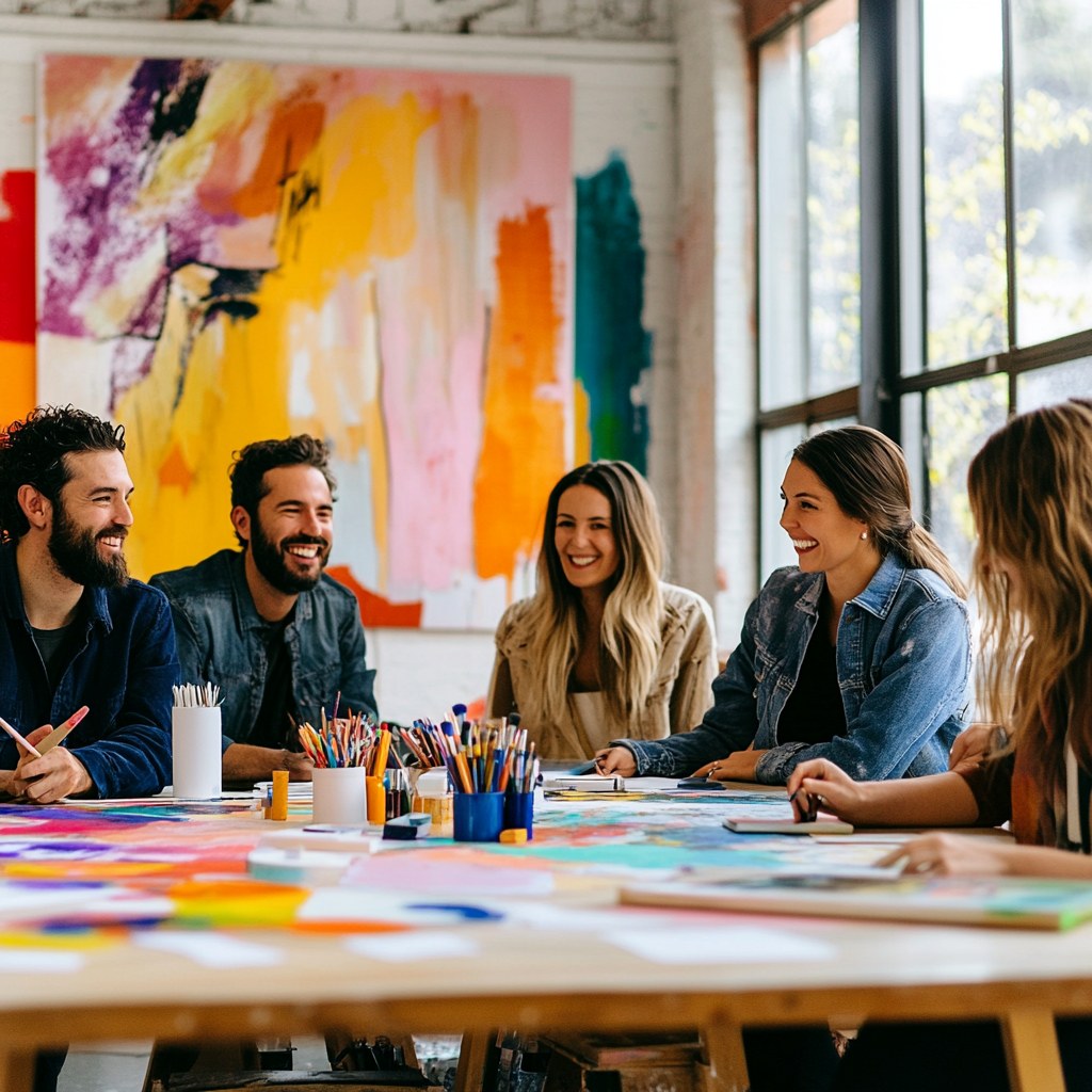 A team engaged in a creative workshop session together