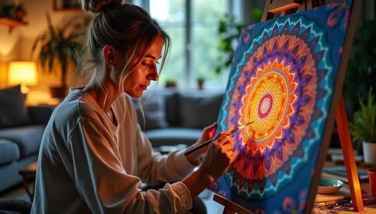 A client hand-painting a vivid mandala during an individual session